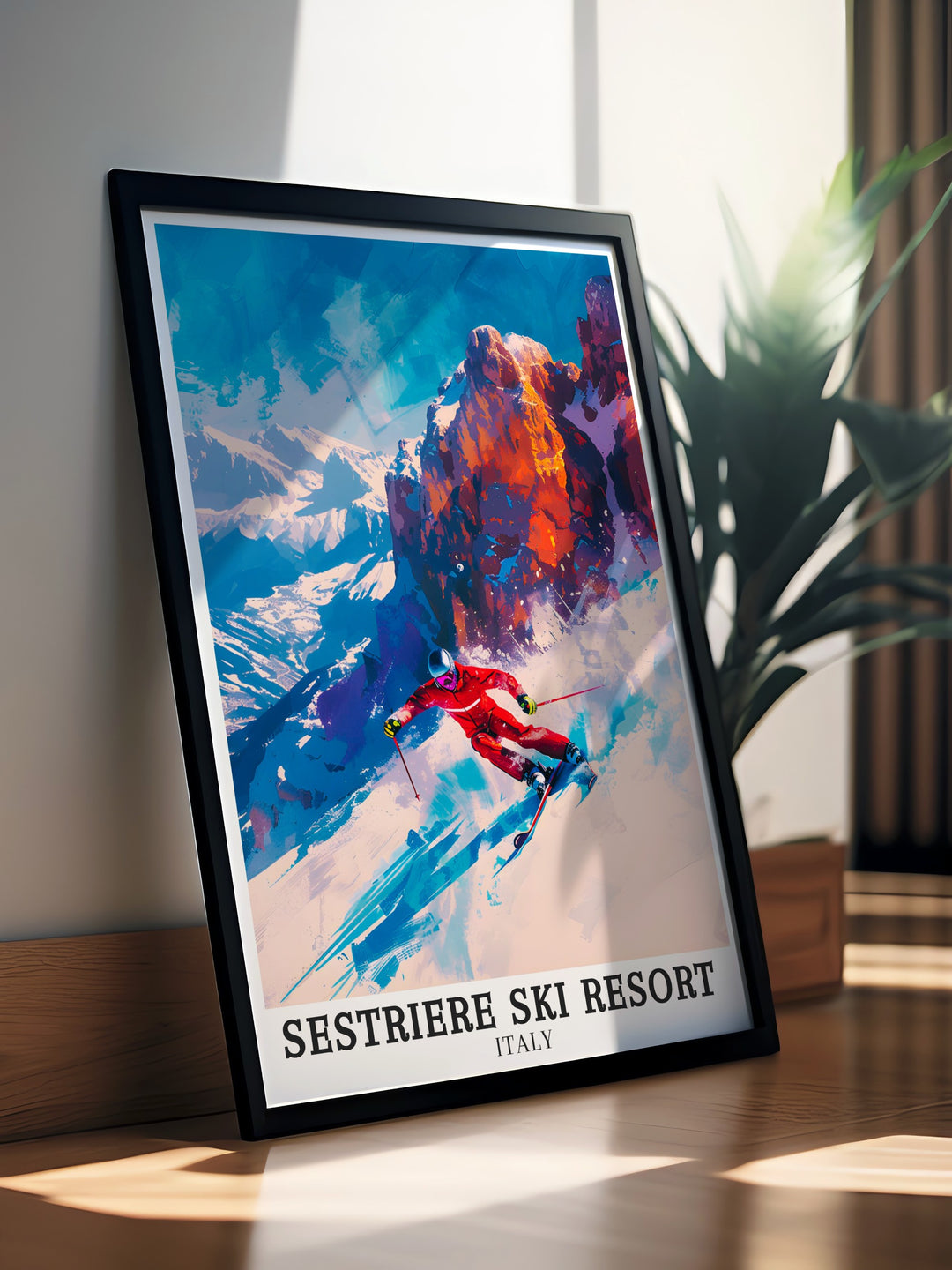 Italian Alps poster capturing the essence of Sestriere Ski Resort. This vibrant print showcases the snow covered mountains and dynamic atmosphere, perfect for home decor.