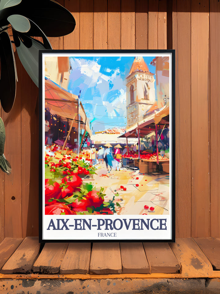 Stunning city print of Aix market Town Hall Square capturing the lively atmosphere and timeless beauty of Aix En Provence a beautiful addition to any wall art collection