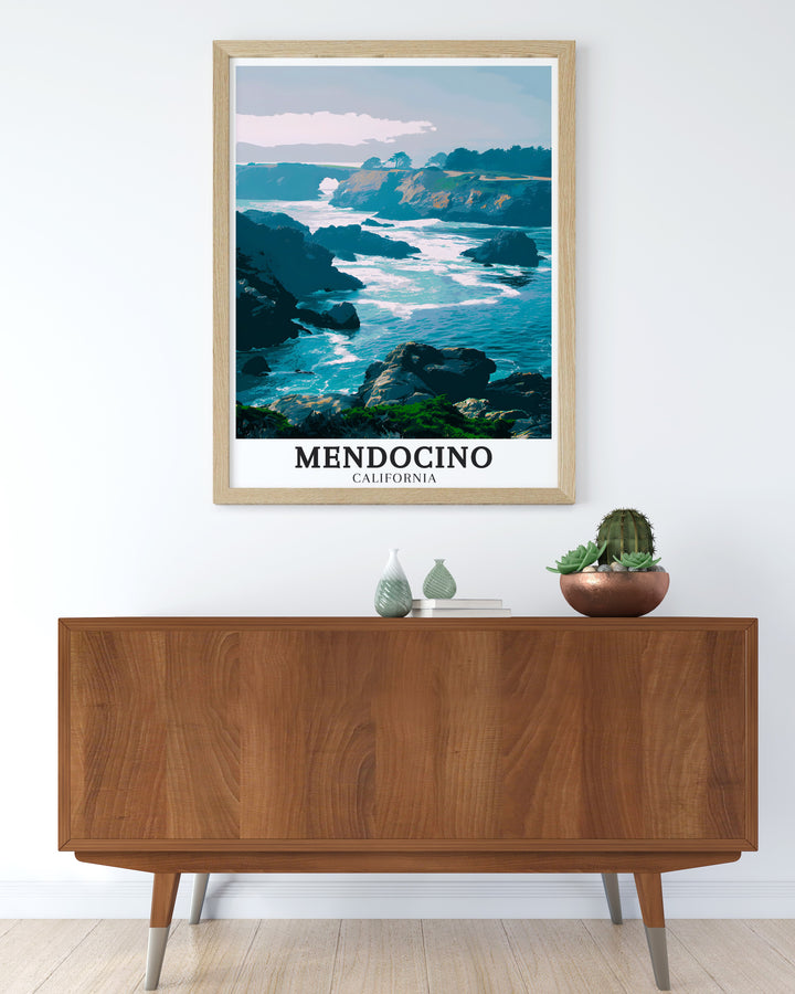 Mendocino travel wall art showcasing the vibrant landscapes and serene beaches of the Pacific Ocean. These art pieces are a beautiful addition to home decor, offering a visual escape to the tranquil beauty of the Mendocino Coast. Ideal for nature lovers, these prints bring the charm of California into your living space.