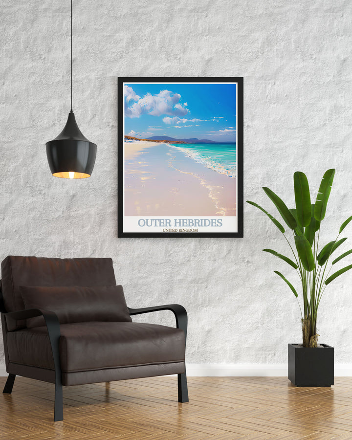 Beautifully framed print of South Uist and Luskentyre Beach offering a glimpse into the enchanting scenery of the Scottish islands perfect for wall decor