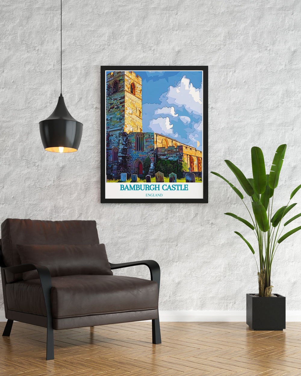 Elegant artwork featuring Bamburgh Castle and St Aidans Church in Northumberland perfect for modern decor and coastal themes ideal gift for her or him who loves travel and history exquisite wall art for any living room