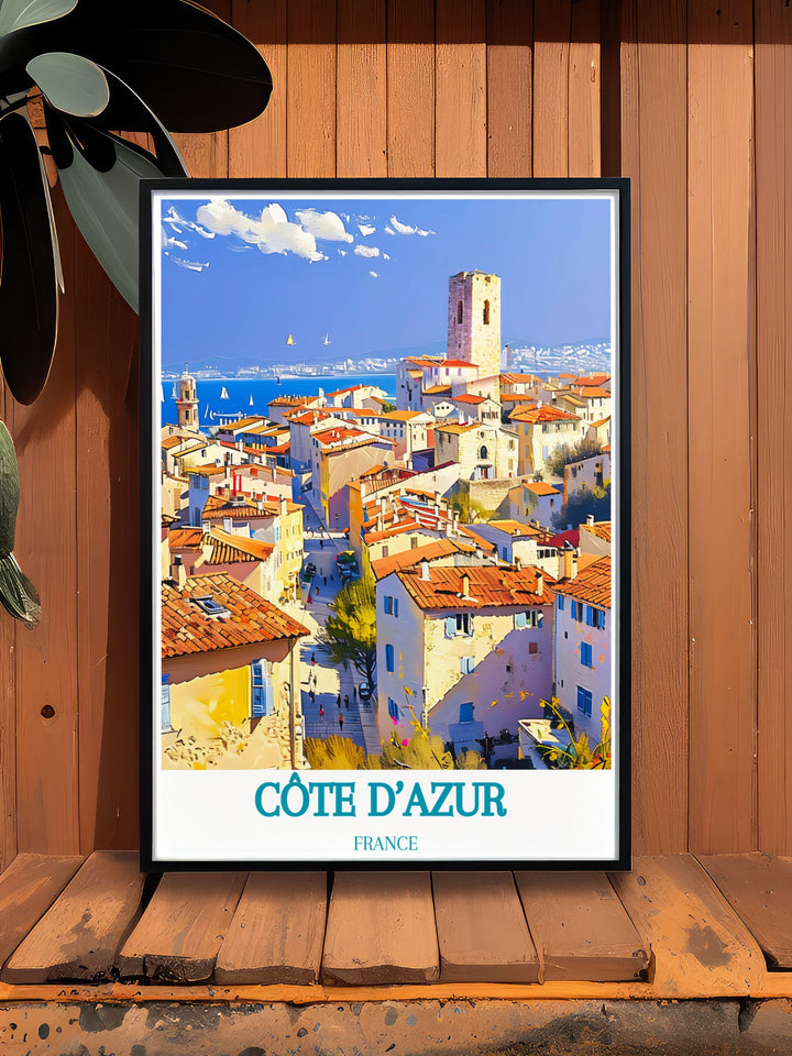 Fine art print of the Old Town of Antibes, Côte dAzur, France, capturing the iconic views of the region. The artwork showcases the picturesque streets, clear Mediterranean waters, and historic architecture, offering a beautiful depiction of Frances coastal beauty.