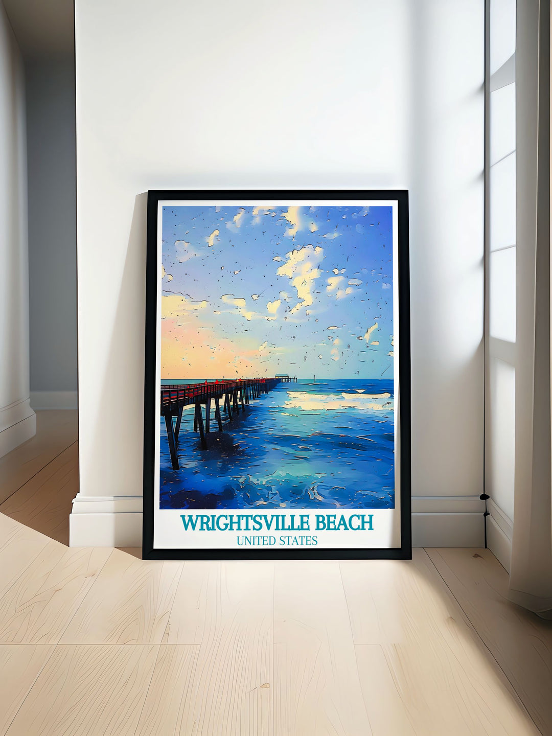 Wrightsville Beach Art Print featuring Johnnie Mercers Pier showcases the serene beauty of North Carolinas coast. This vintage poster with a calming color palette and minimalist design makes it a perfect wall art print for any room seeking coastal elegance.