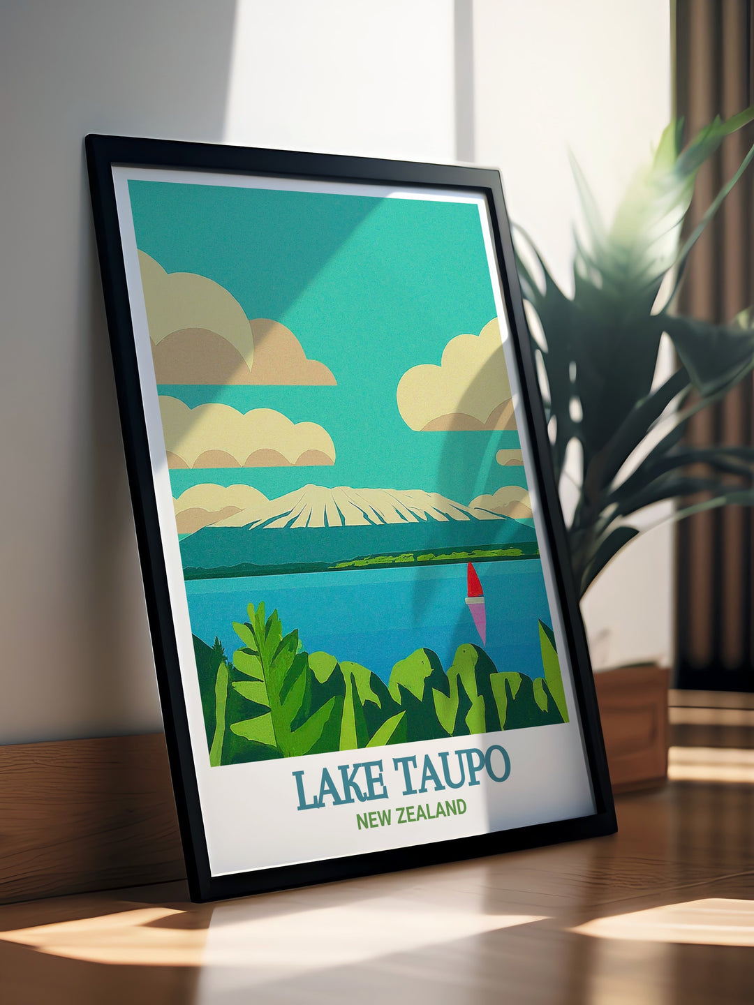 Lake Taupo Wall Art depicting the vast and tranquil waters of Lake Taupo, surrounded by the lush greenery of New Zealands landscapes. This artwork is perfect for adding a touch of New Zealands natural charm to your home, offering a serene and inspiring view of one of the countrys most beloved destinations.