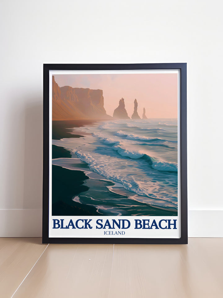 Reynisfjara Home Decor featuring the serene yet powerful presence of Icelands Black Sand Beach and the basalt rock columns. This print is ideal for those who want to add a touch of Icelands natural wonder to their home