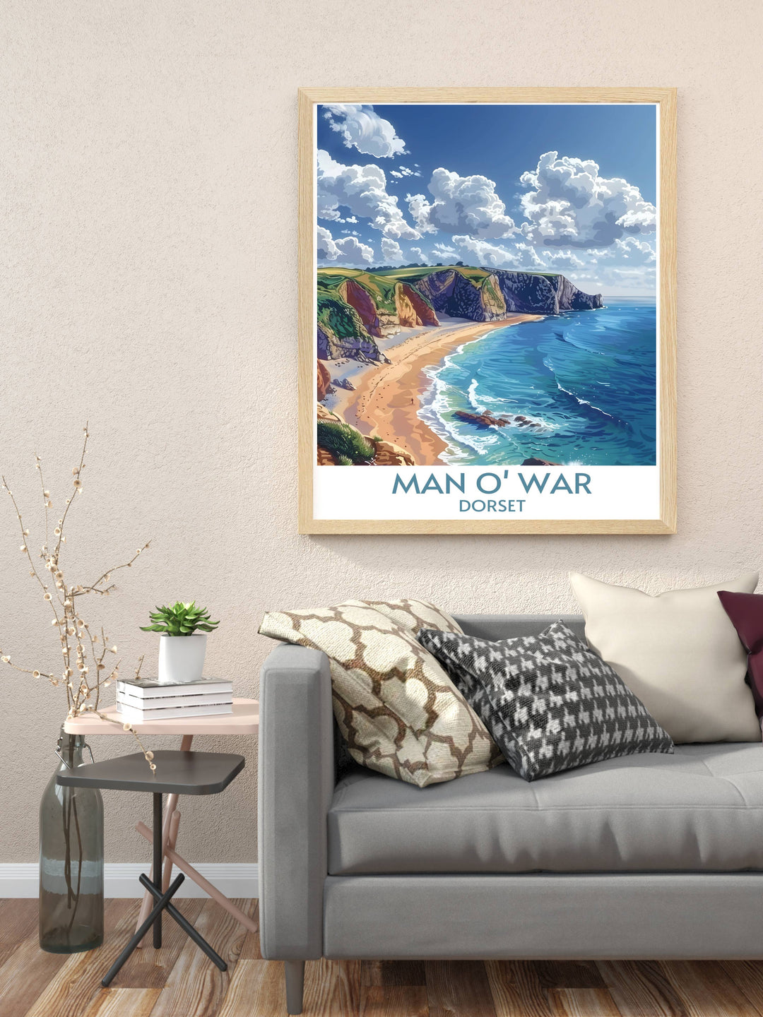 Durdle Door Arch and Man o War Beach artwork showcasing the breathtaking landscape of Dorset perfect for Dorset travel posters prints and home decor adding a touch of elegance and natural beauty to any room ideal for gifts and enhancing your living space.