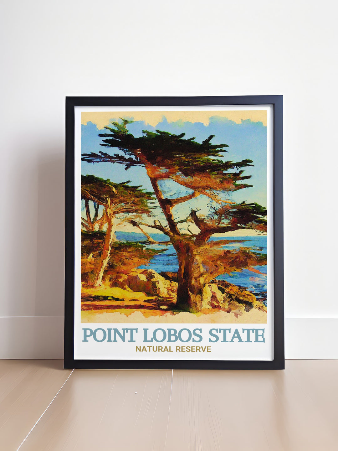 Wall art of Point Lobos featuring the iconic Cypress Grove Trail with its majestic cypress trees and stunning ocean vistas. This framed art piece is a perfect way to bring a piece of Californias natural heritage into your home, ideal for nature enthusiasts and coastal decor lovers.