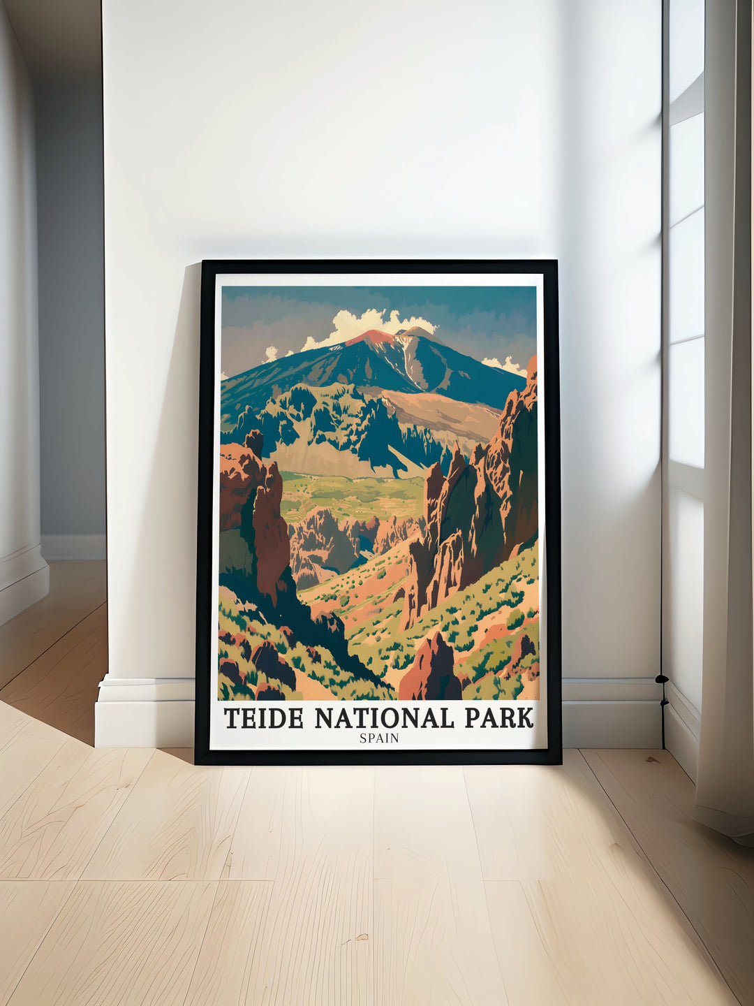 A vibrant travel print of Teide National Park, showcasing the famous Teide Volcano and the expansive Siete Cañadas region. This artwork captures the dynamic beauty of Spains volcanic landscapes, making it a perfect addition to your home or office decor.