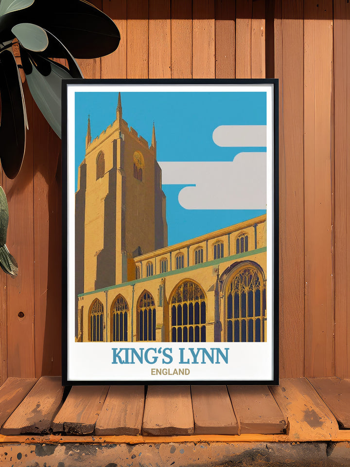 This vintage style poster of Kings Lynn, England, focuses on the historic St. Margarets Church. Its timeless beauty is perfect for anyone who loves Englands rich architectural heritage and wants to add a touch of history to their home.