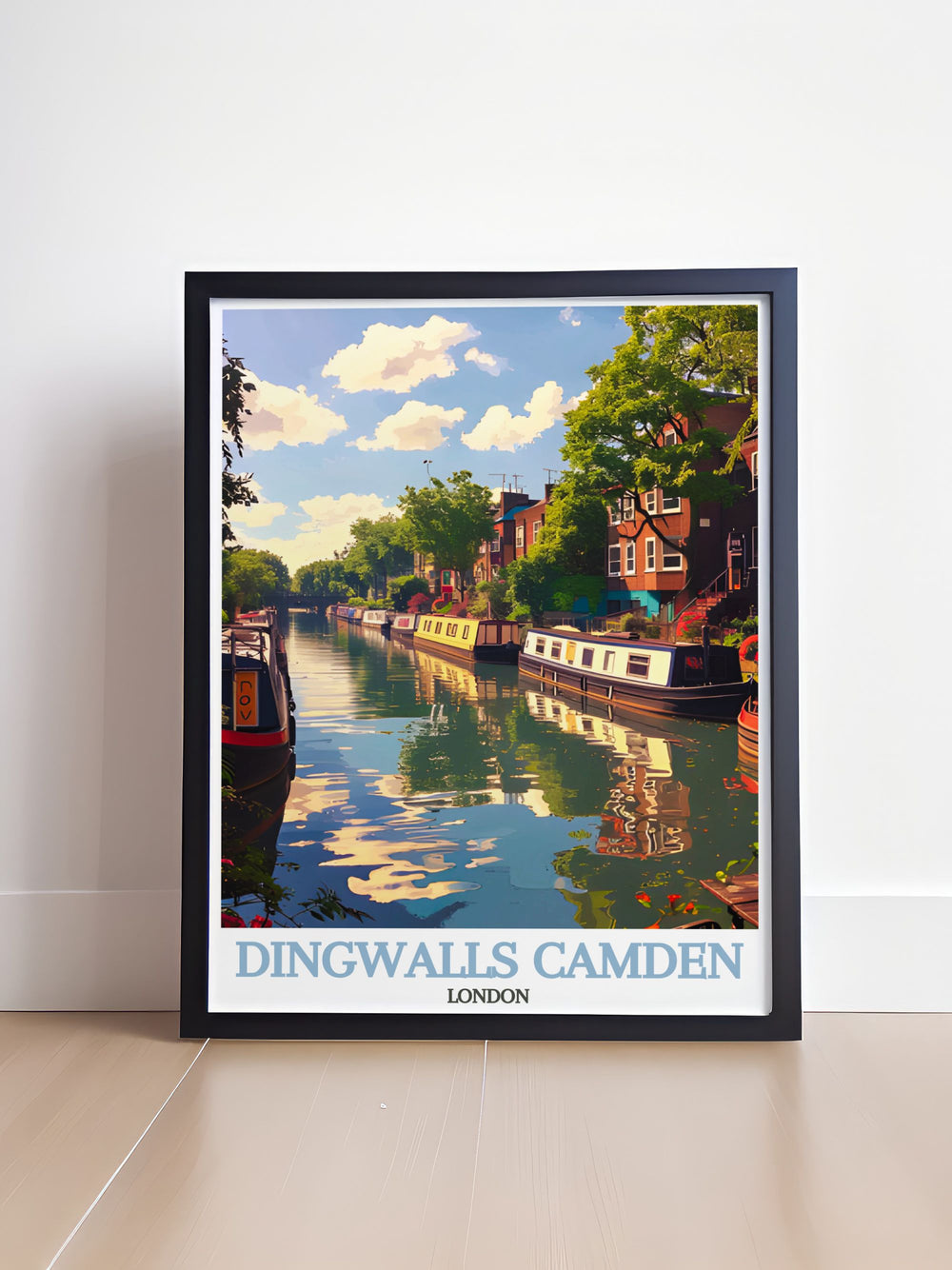 Featuring the serene Regents Canal, this art print captures the peaceful waterway and its lush surroundings, perfect for bringing tranquility to any space.