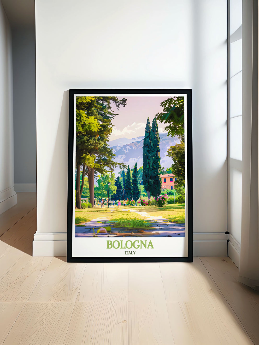 Detailed digital download of Bologna, featuring its historic sites and the serene beauty of Giardini Margherita, ideal for any art collection or as a memorable travel keepsake.