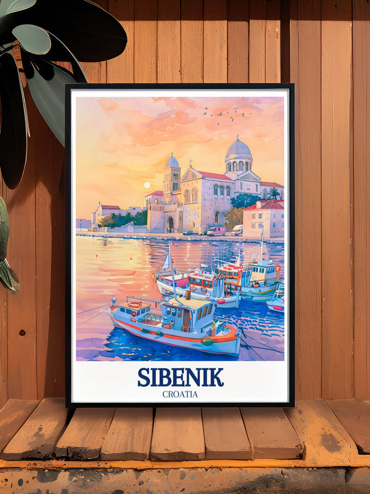 This travel art of Sibenik showcases the impressive St. James Cathedral and the peaceful harbor, making it a perfect gift for travelers or anyone who appreciates Croatias stunning coastal cities. A wonderful way to bring a piece of Sibenik into your home.