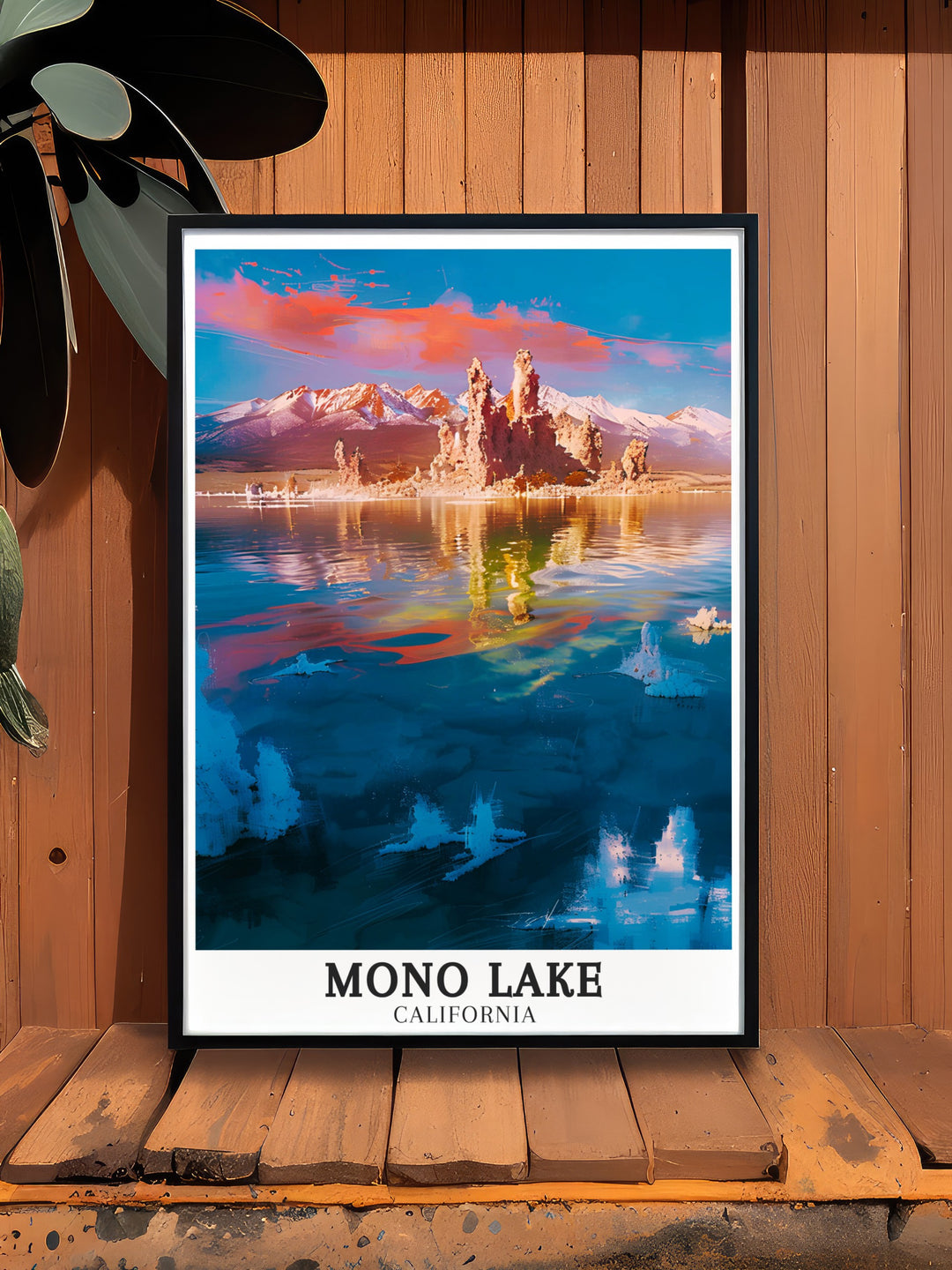 Mono Lake Artwork with a backdrop of the Sierra Nevada Mountains and Mono County. This California print is ideal for home decor showcasing the rugged beauty of the mountains and the peaceful tranquility of Mono Lake.