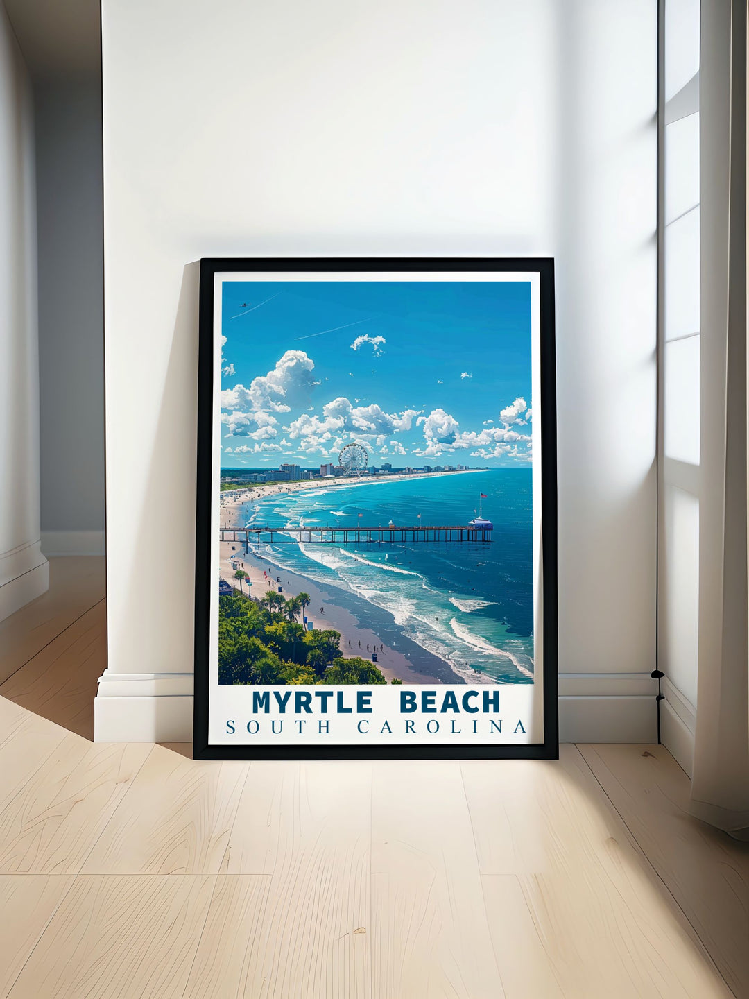 Myrtle Beach Print featuring black and white tones perfect for adding elegance to any room with fine line details and a unique street map design