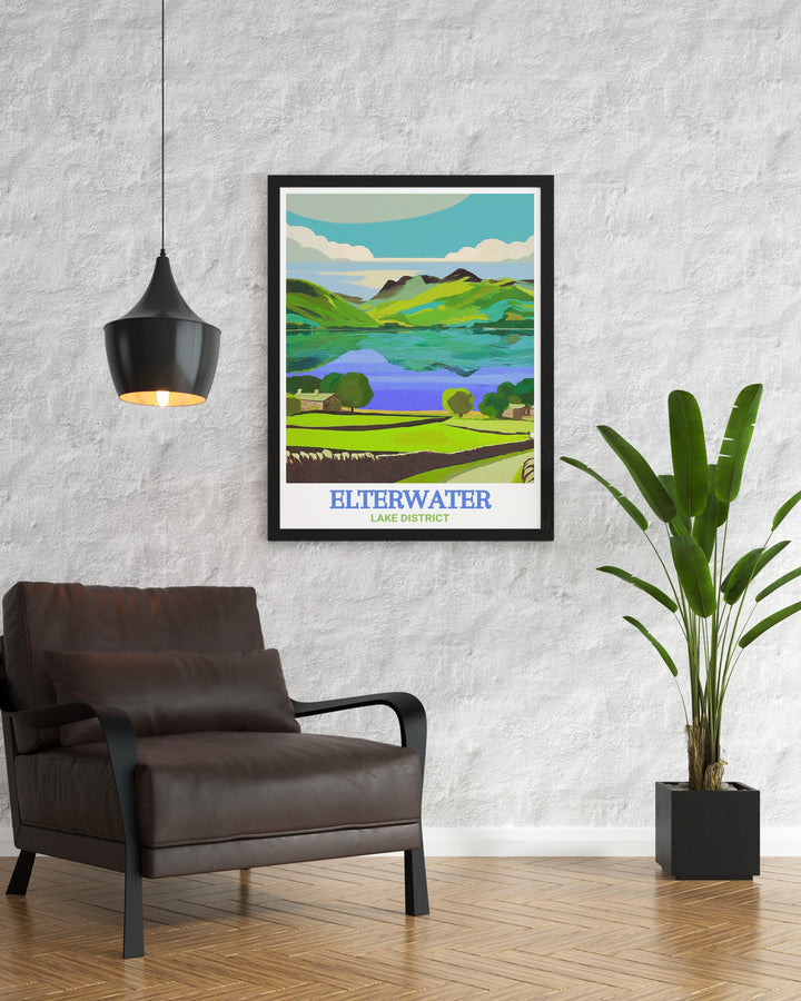 This Elterwater Lake framed print is the perfect addition to any home with its serene depiction of Cumbrias beautiful Lake District. Featuring Lingmoor Fell and Great Langdale this piece adds elegance and a nature inspired touch to your living room.