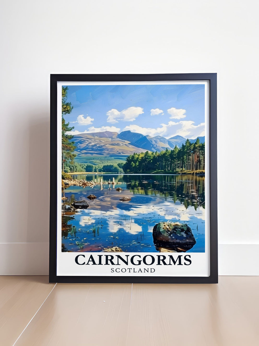 Elegant home decor with Loch Morlich artwork highlighting the abstract nature of Scotlands iconic landscapes perfect for those who appreciate the beauty of the highlands and want to incorporate it into their living space