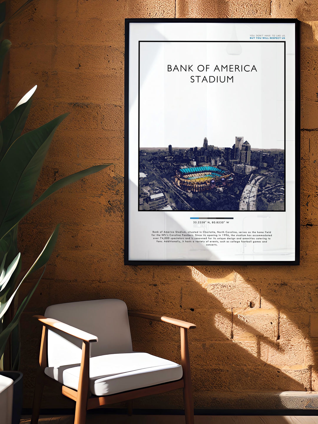 Carolina Panthers modern decor piece showcasing the stadium in sleek lines and contemporary style perfect for football enthusiasts looking to enhance their home decor with elegant and stylish art.