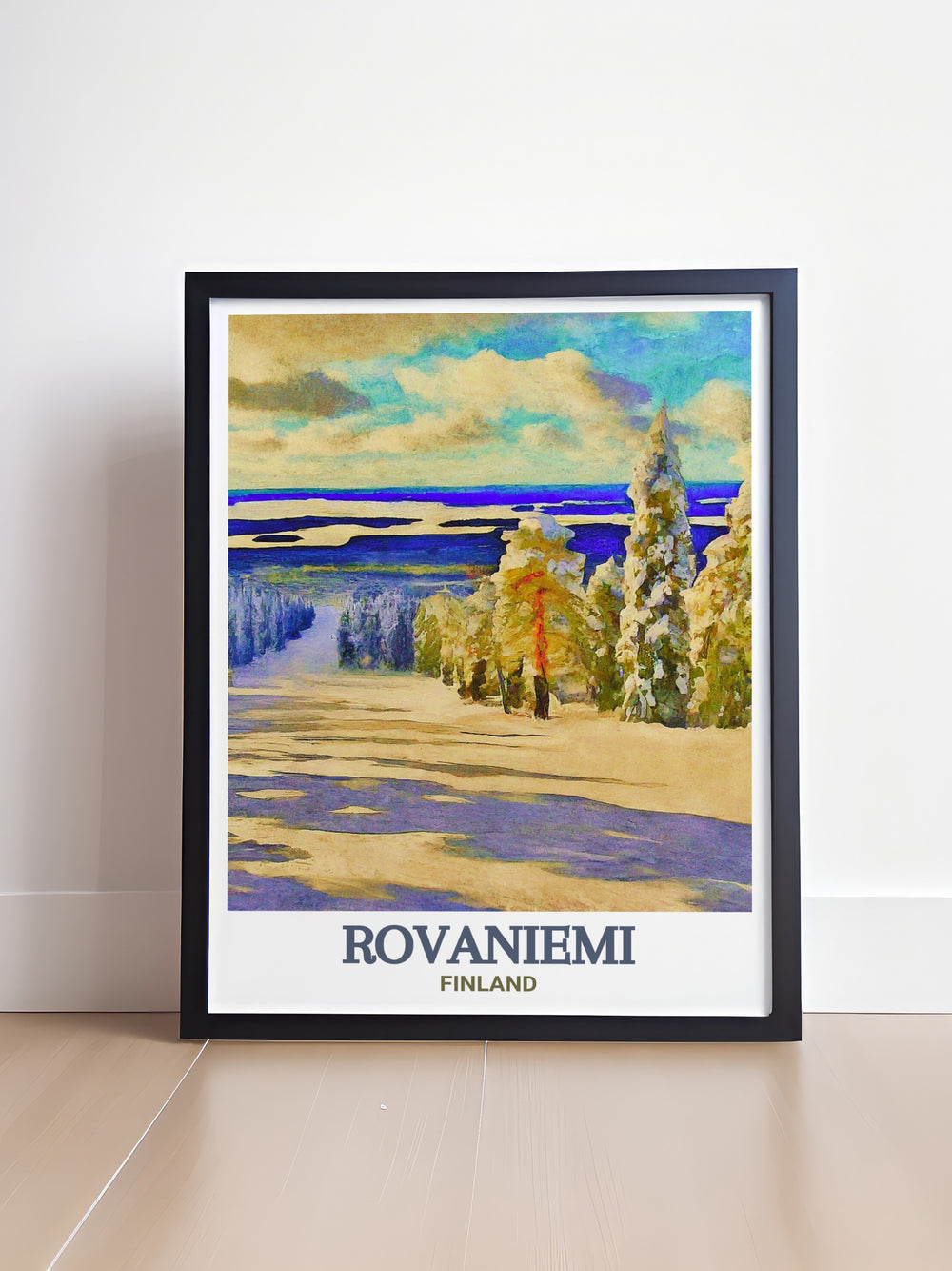 Celebrate the winter magic of Finland with this poster featuring Rovaniemi and Ounasvaara Ski Resort. The print highlights the picturesque landscapes of the region, making it an ideal piece for those who cherish the beauty of winter.