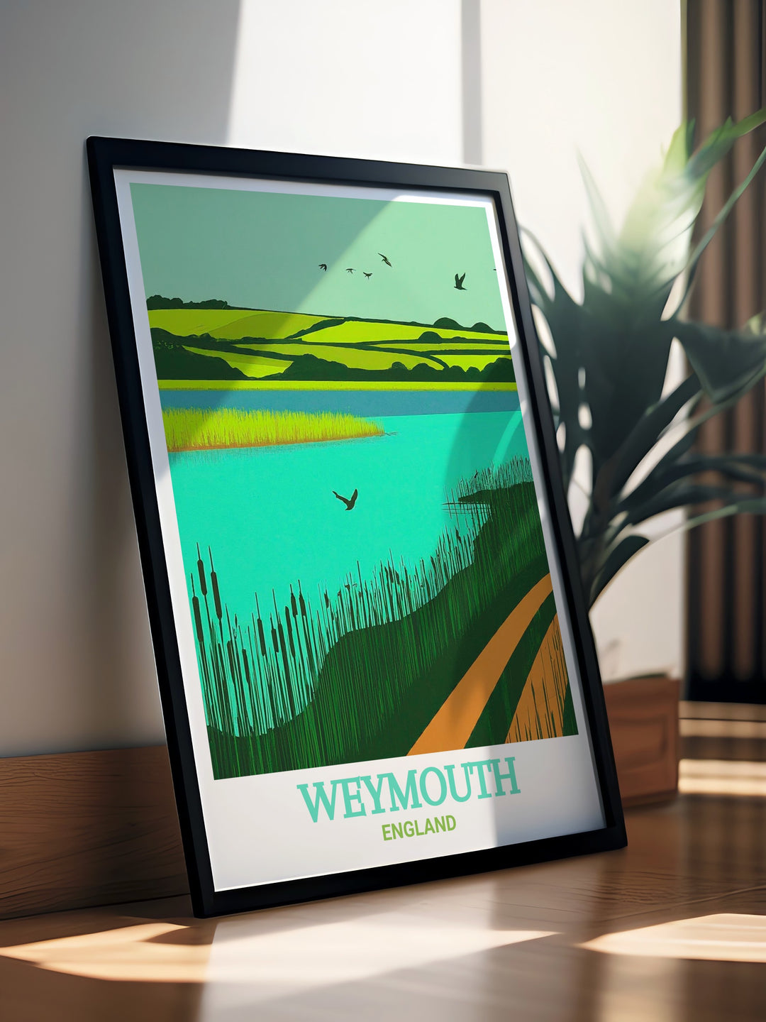 Nature reserve art print featuring Radipole Lake in Weymouth. This print captures the essence of the wetlands and the variety of bird species that inhabit the area, perfect for adding a touch of nature to any room.