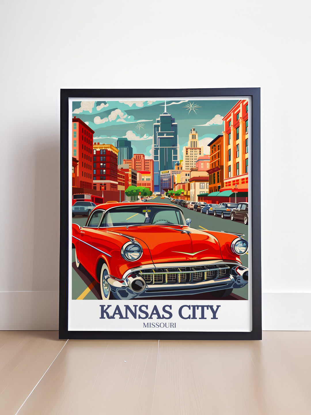 Kansas City framed art showcasing the distinctive skyline of Missouris largest city. With its combination of historic architecture and modern buildings, this travel print is a great way to celebrate your love for Kansas City.