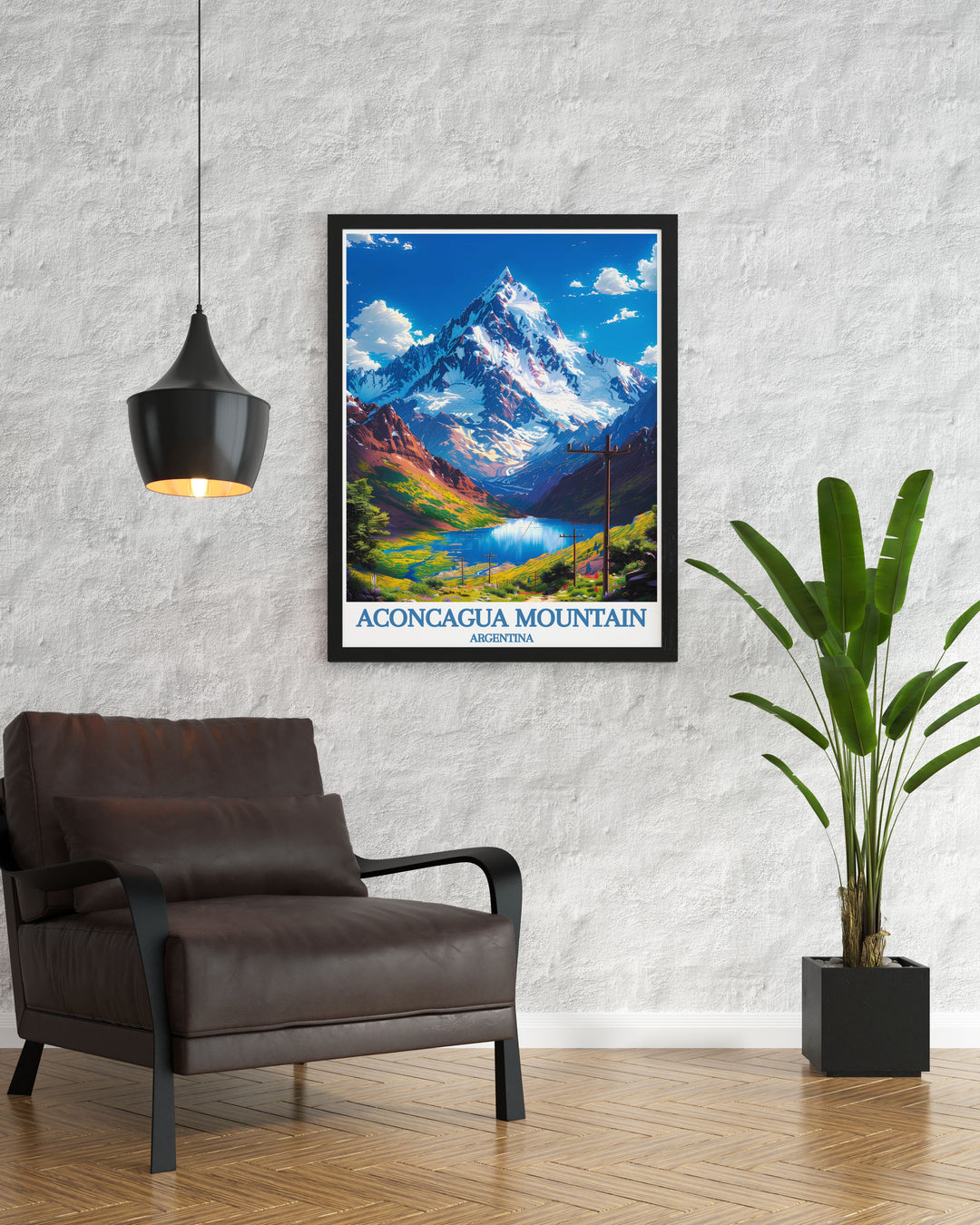 Aconcagua Mountain is depicted in this Seven Summits Art collection piece highlighting the tallest mountains including the iconic Andes in a vintage travel print style.