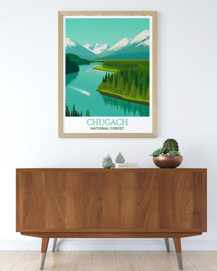 Beautiful Alaska poster of the serene Kenai River framed to perfection adding a touch of natures elegance to your living room decor and creating a tranquil atmosphere