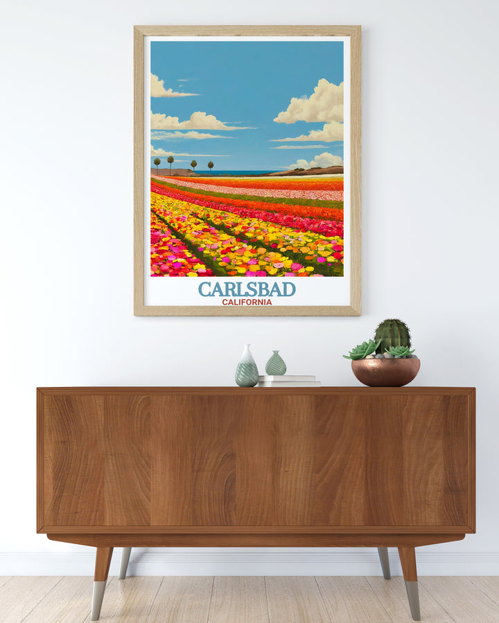 Celebrate the natural beauty of Carlsbad with this travel poster featuring The Flower Fields at Carlsbad Ranch. The colorful, vintage inspired design is ideal for anyone looking to bring a piece of Californias floral landscape into their home.