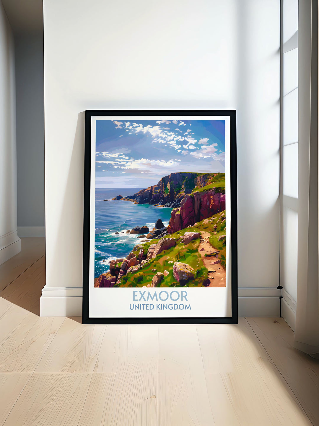 Exmoor Coastal wall art print featuring the breathtaking cliffs and rugged landscapes of Exmoor National Park perfect for adding a touch of nature inspired elegance to your home decor ideal for anyone who loves the stunning beauty of Devon and Somerset.