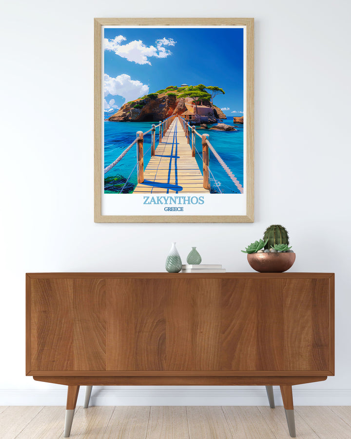 Cameo Island Travel Poster offering a glimpse into the tranquil paradise of Zakynthos, paired with Zakynthos Town Print highlighting the islands rich history and vibrant atmosphere.