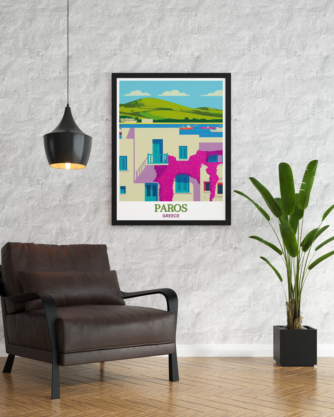 Discover the beauty of Parikia, Paros, with this detailed travel print. The artwork captures the towns whitewashed buildings and serene harbor, offering a glimpse into the timeless charm of the Cyclades, perfect for Greek island decor enthusiasts.