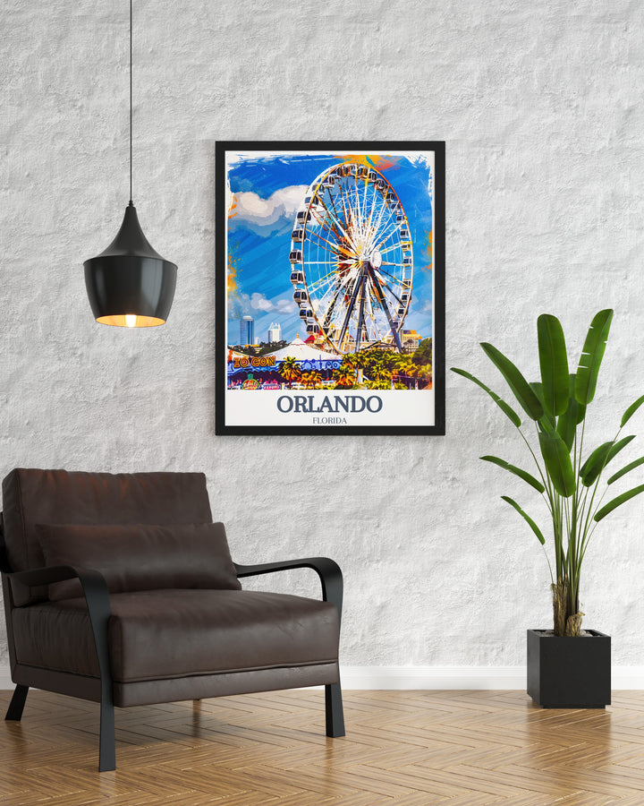 Explore the vibrant energy of Orlando with our poster print featuring the iconic Orlando Eye and the lively ICON Park. The minimalist design captures the thrill of these famous Florida attractions, making it an ideal travel gift for anyone who has visited or dreams of visiting Orlandos most popular sites.