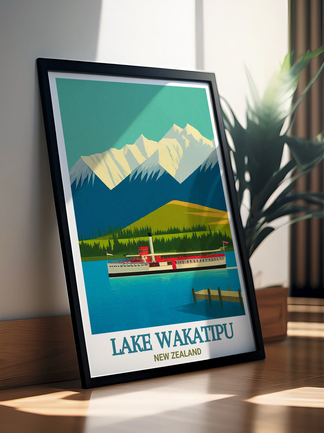 This Lake Wakatipu and The Remarkables travel poster beautifully captures the natural beauty of New Zealands South Island. With serene lake views and rugged mountain peaks, this vibrant print makes for stunning home décor or a thoughtful gift for travel enthusiasts.