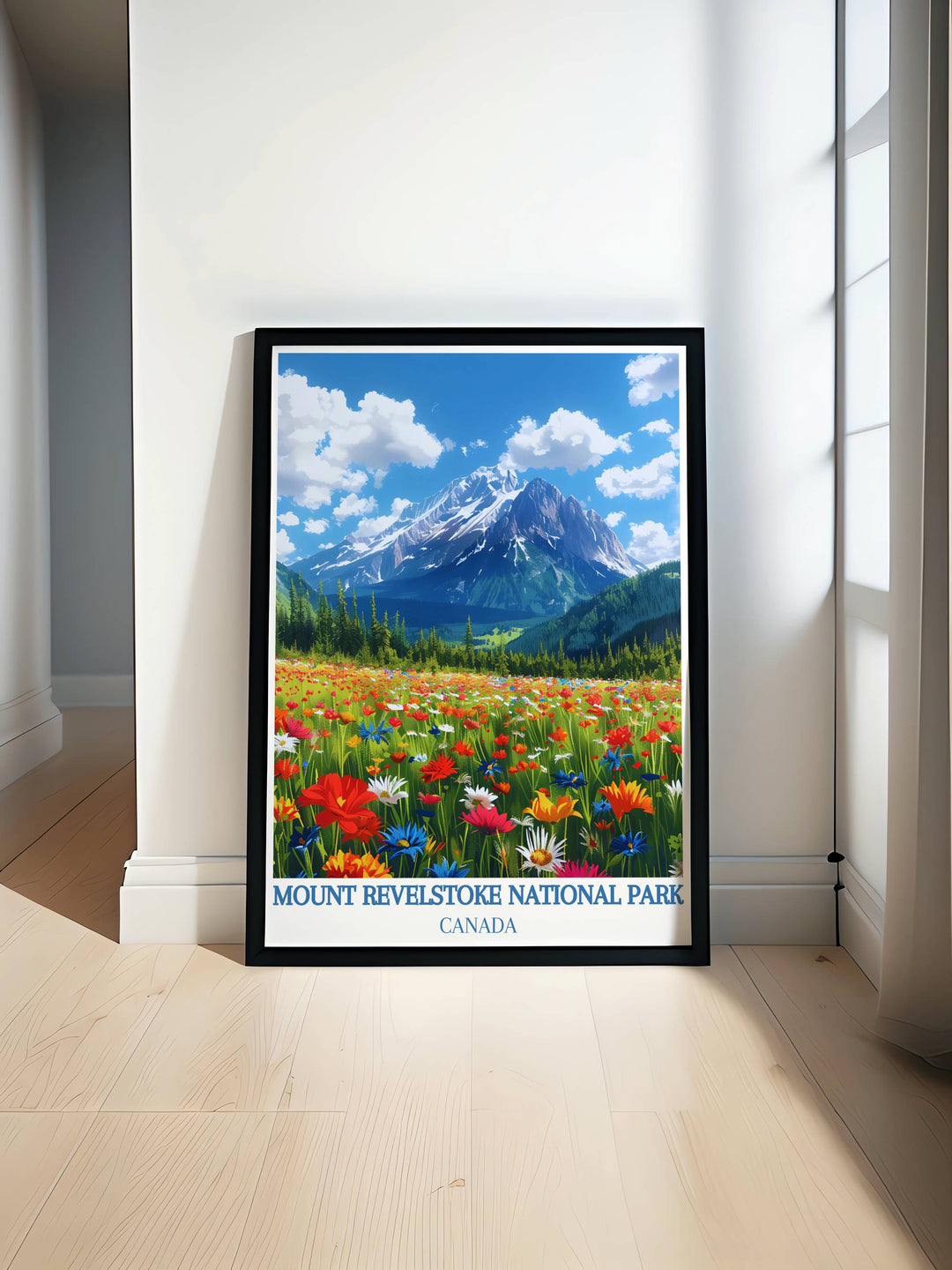 Mount Revelstoke Summit print showcases the breathtaking beauty of the Rocky Mountains. This artwork highlights the stunning landscapes of Banff National Park and Revelstoke Canada, offering an elegant touch to any home with its retro travel poster style.