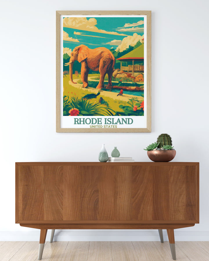 A stunning vintage style travel poster print highlighting the historic Roger Williams Park Zoo in Rhode Island. This artwork brings to life the zoos tranquil atmosphere, making it a perfect gift for wildlife enthusiasts, travelers, and anyone who loves Rhode Islands natural beauty.