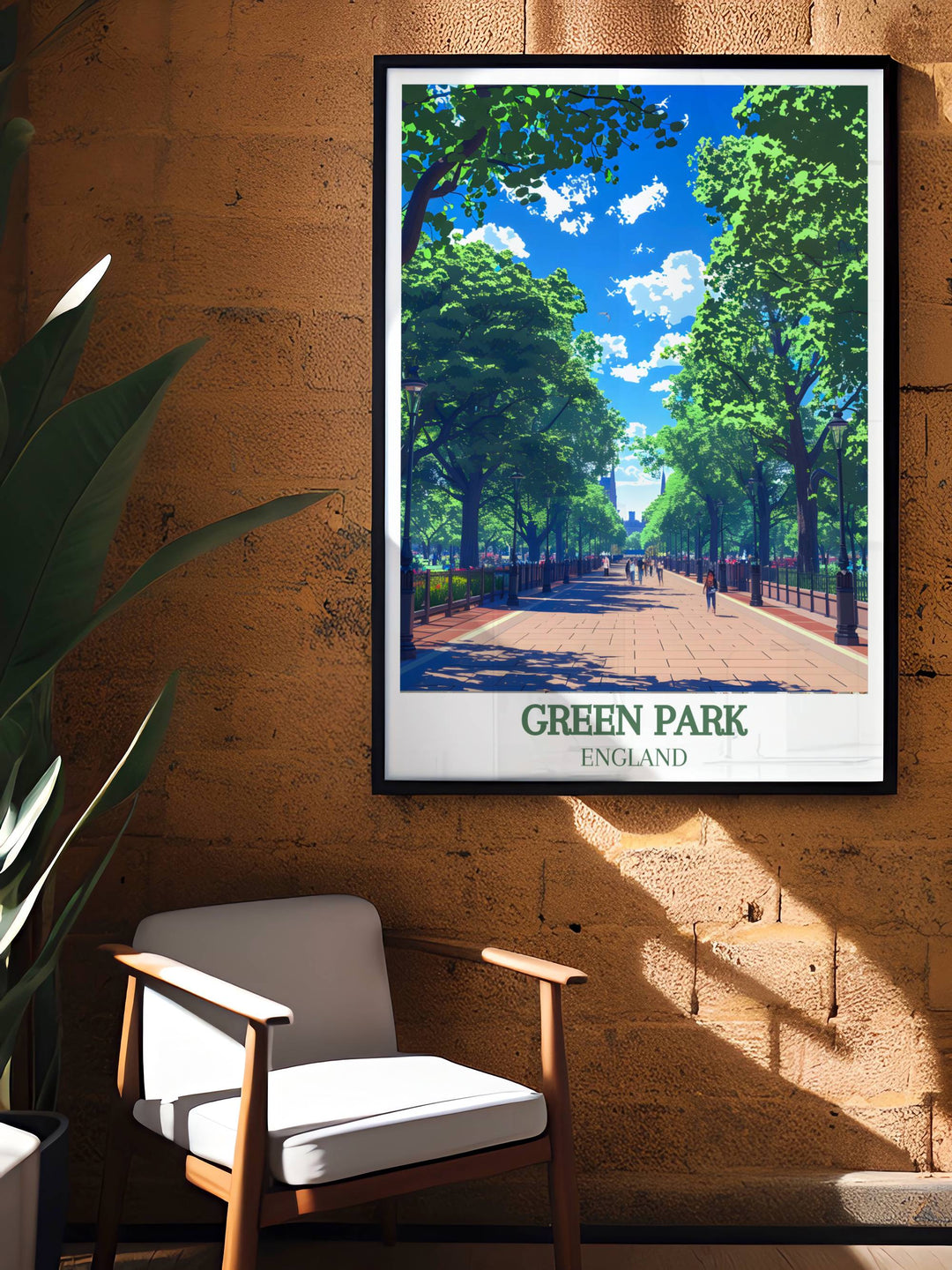 Vintage travel print of the Princess of Wales Memorial Walk in Green Park London, perfect for adding a timeless piece of Londons history and beauty to your home decor.