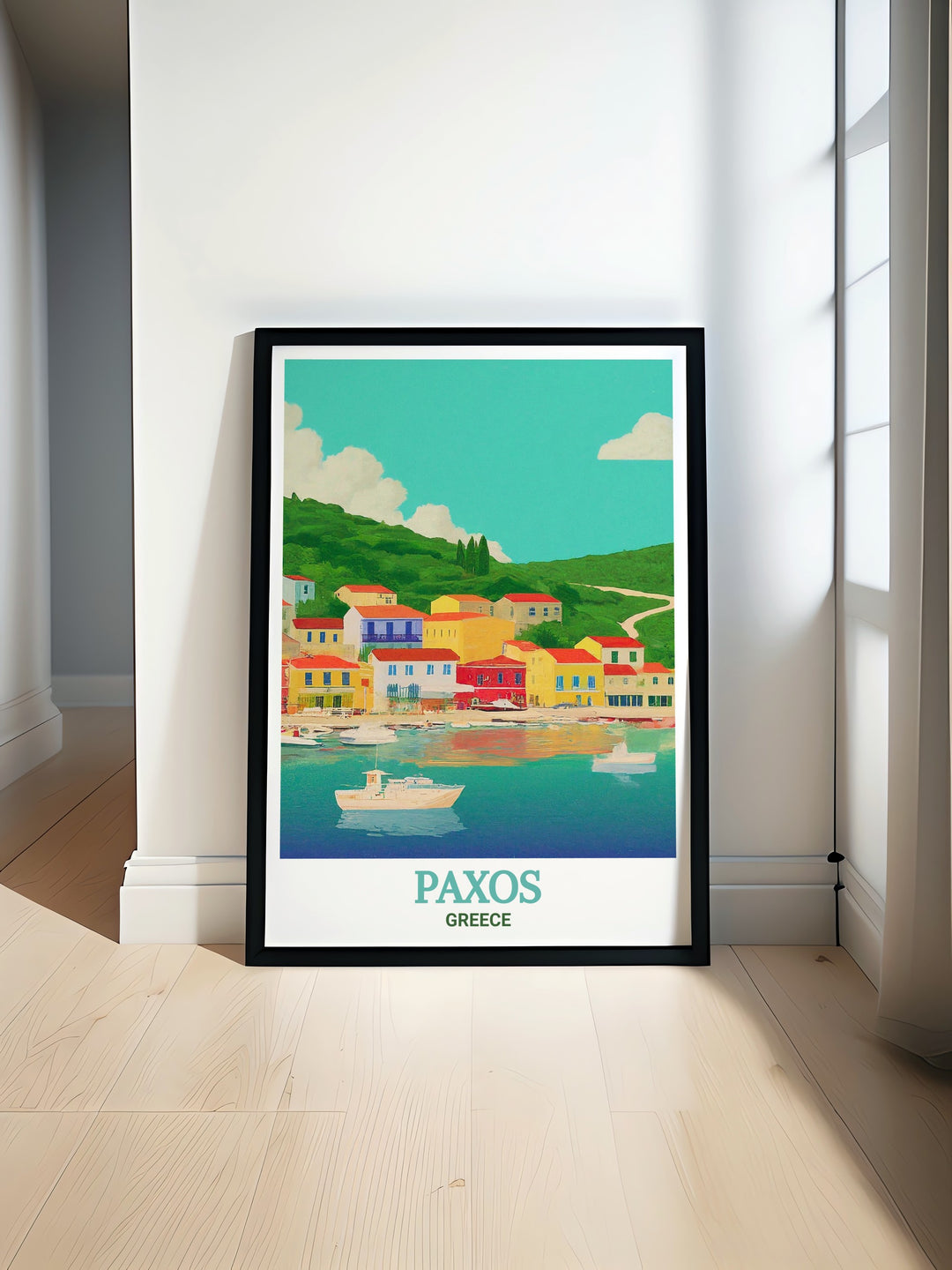 Paxos poster print featuring Gaios village brings a vibrant touch of Greece island art to your home this Greece travel print is perfect for enhancing living spaces and offices with its peaceful Mediterranean charm ideal for modern decor lovers and art enthusiasts