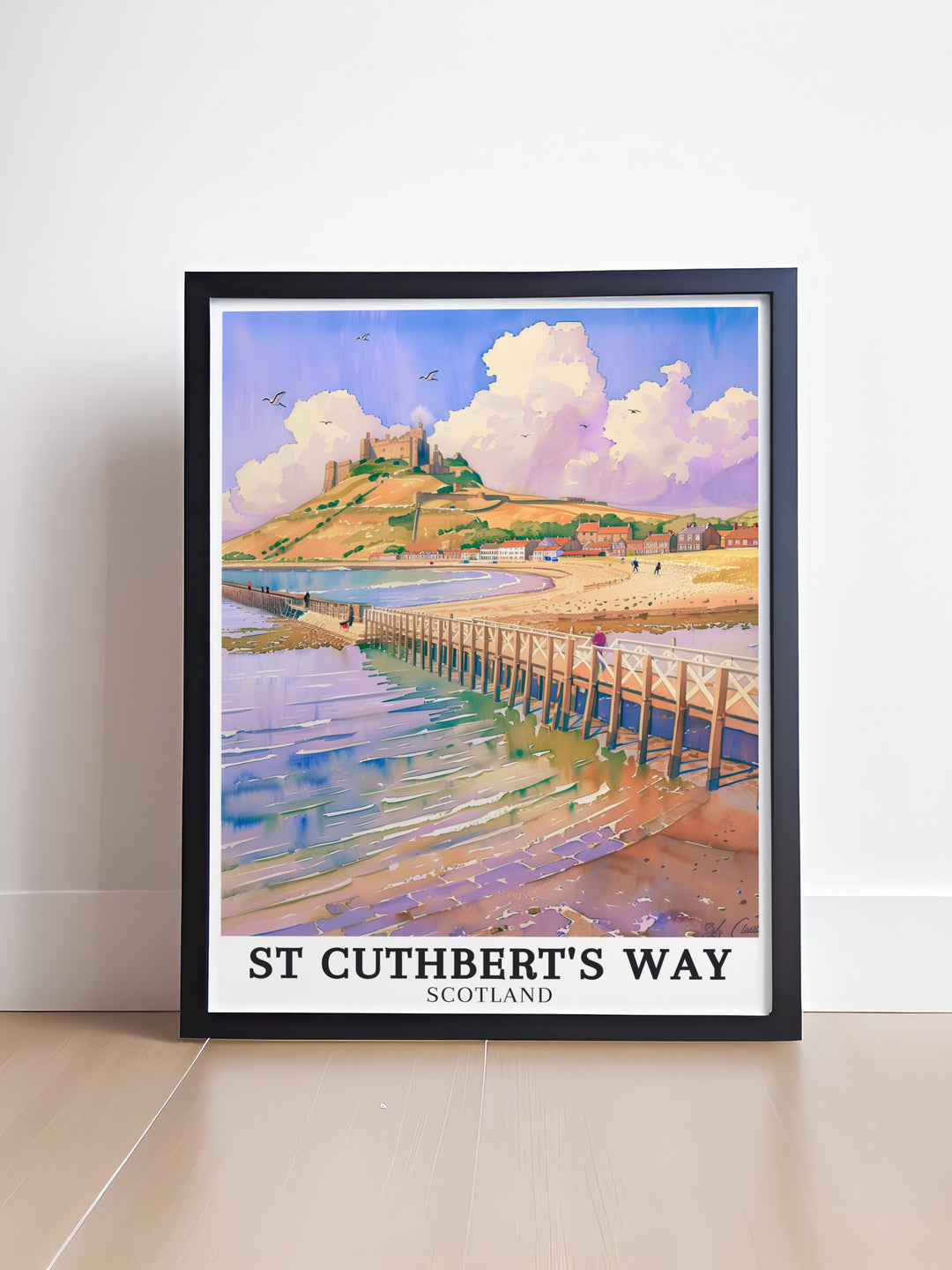 A framed print of Lindisfarne Priory Holy Island and Lindisfarne Castle showcasing the scenic beauty of St Cuthberts Way and the Scotland Great Trail perfect for anyone seeking Scottish travel art with a touch of history and adventure