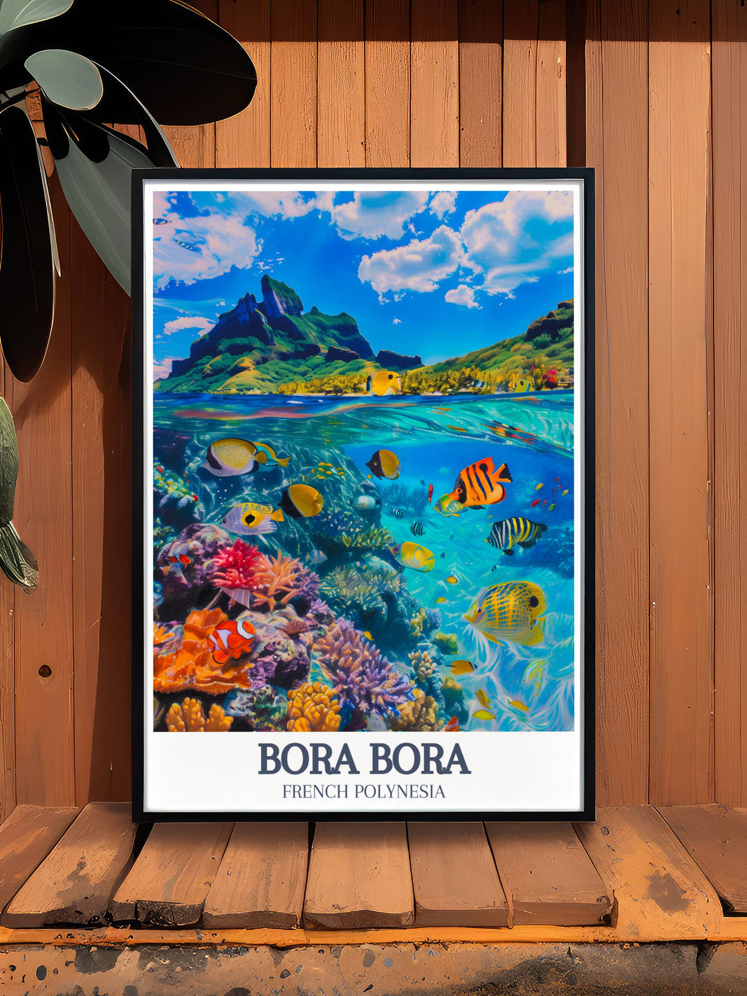 Stunning Bora Bora Lagoon Coral Gardens artwork featuring the turquoise waters and lush coral reefs of Bora Bora island this travel print is ideal for those who appreciate the natural beauty of French Polynesia perfect for enhancing any living space with its serene ambiance.
