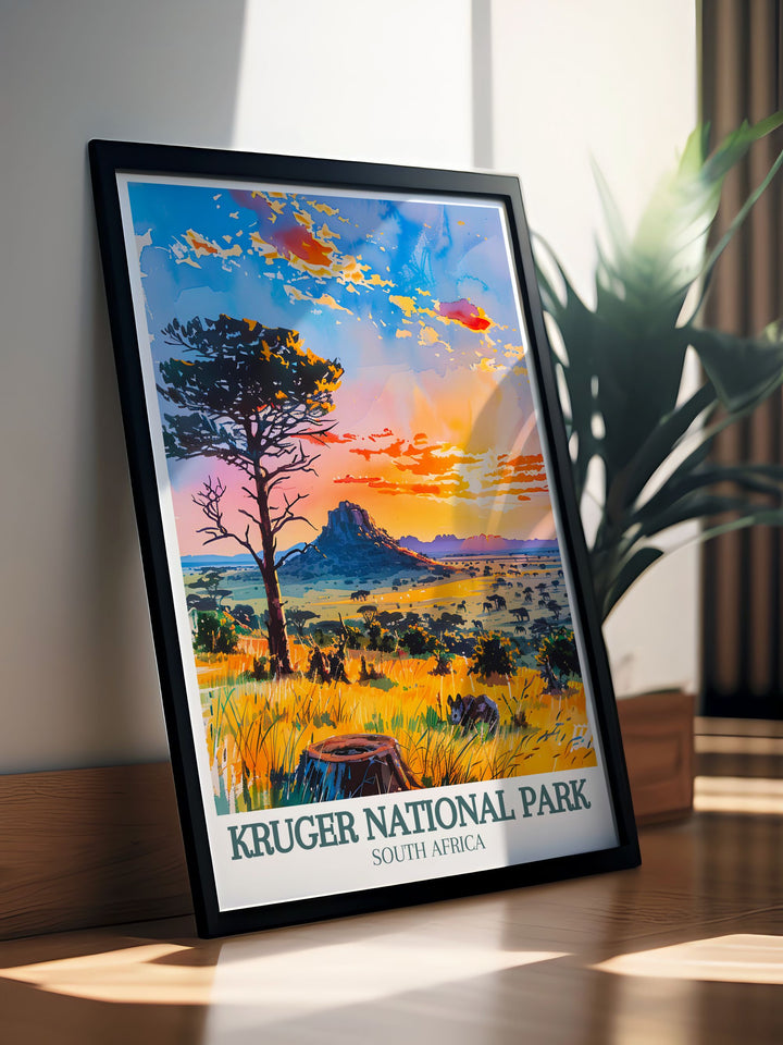 This detailed art print celebrates the natural beauty and rich biodiversity of the African savannah, showcasing its vast open landscapes. Ideal for nature lovers, this poster brings the breathtaking beauty of Africa into your decor.