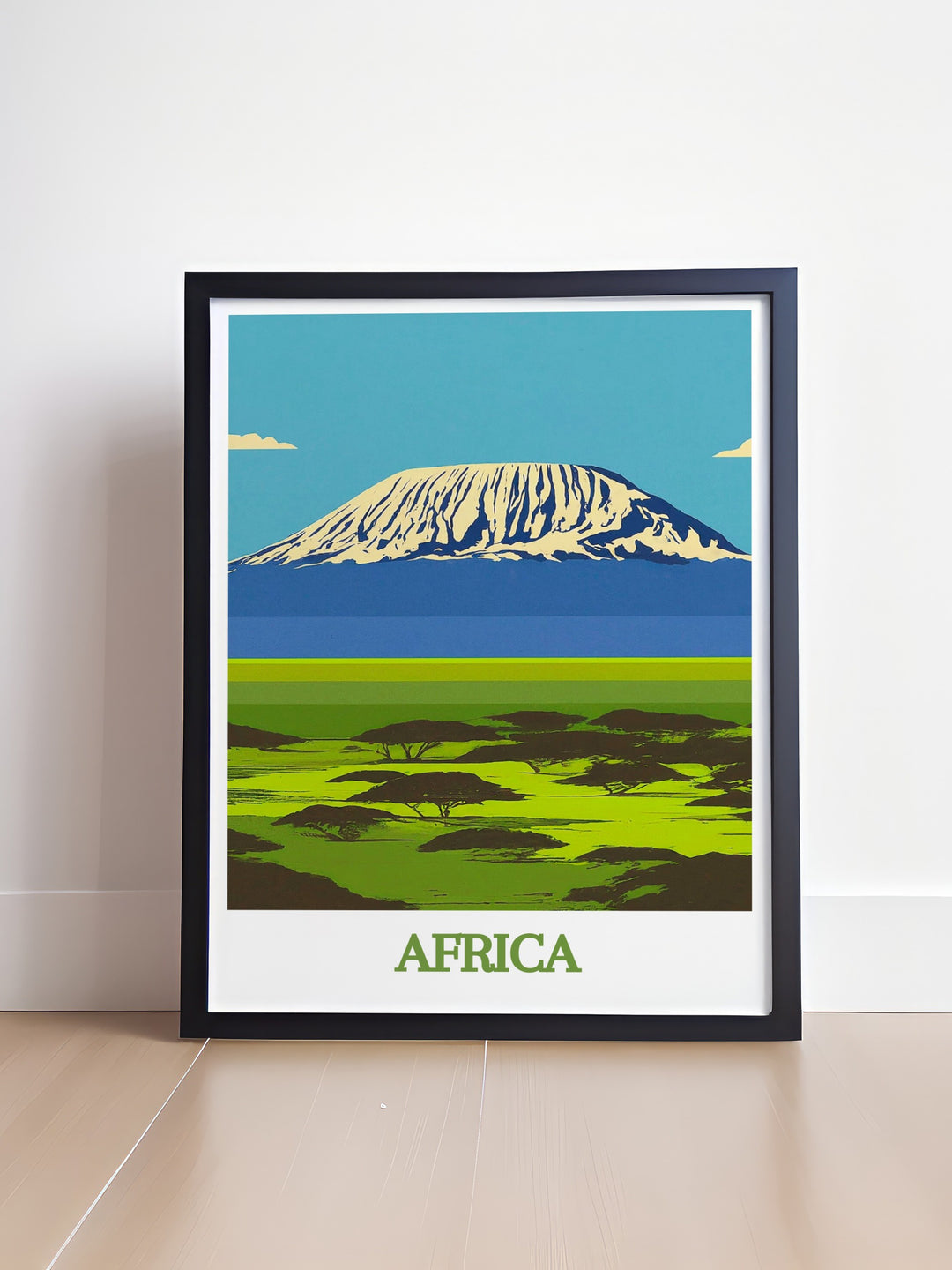 Africa Travel Poster featuring the lush greenery and diverse wildlife of Bwindi Impenetrable Forest complemented by the stunning vistas of Mount Kilimanjaro perfect for nature lovers and adventure seekers