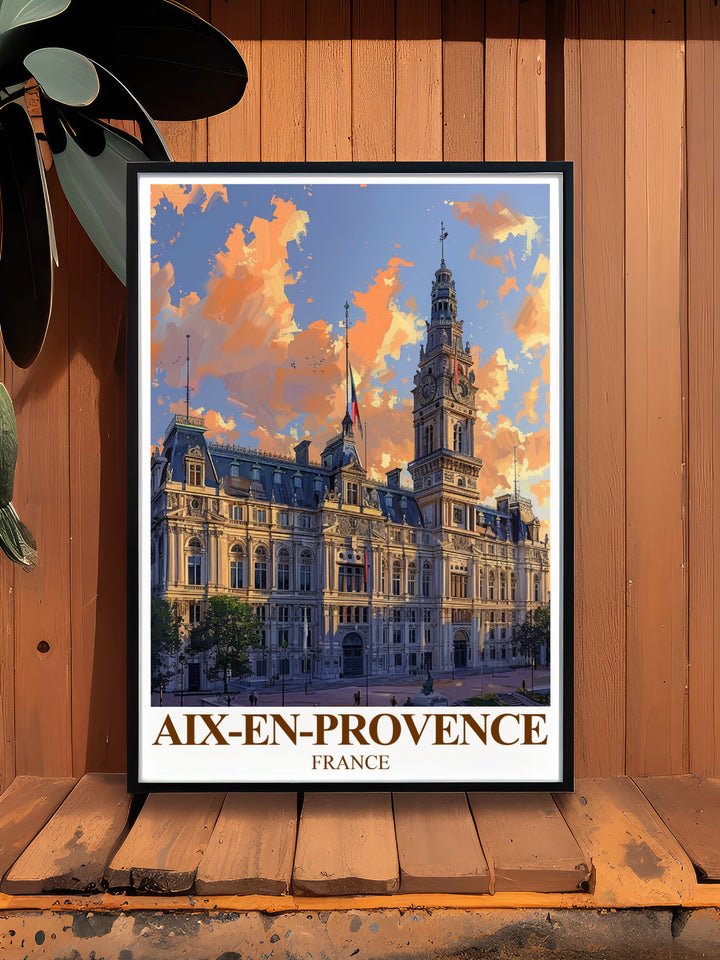 Featuring the Hôtel de Ville in Aix en Provence, this travel poster is a beautiful representation of Provences architectural splendor. Whether as a gift or for your own home, this artwork celebrates the beauty and cultural richness of southern France.