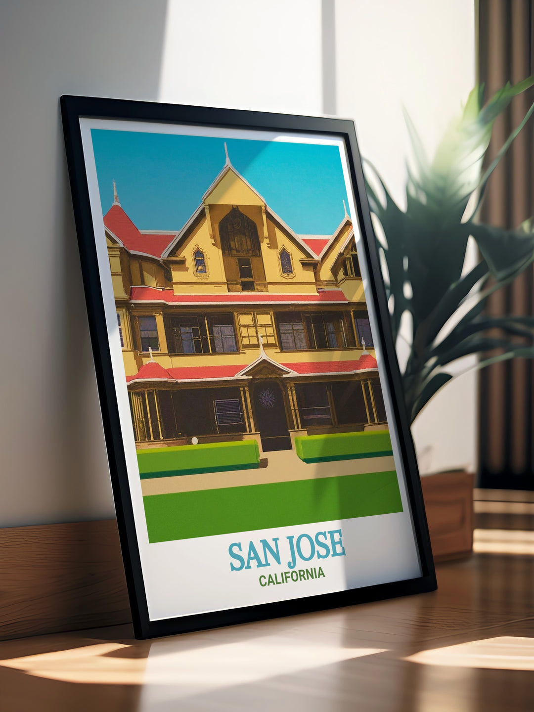 Wall art featuring the Winchester Mystery Houses iconic and puzzling architecture, a tribute to one of San Joses most famous landmarks. Ideal for creating a unique and conversation starting atmosphere in your home.