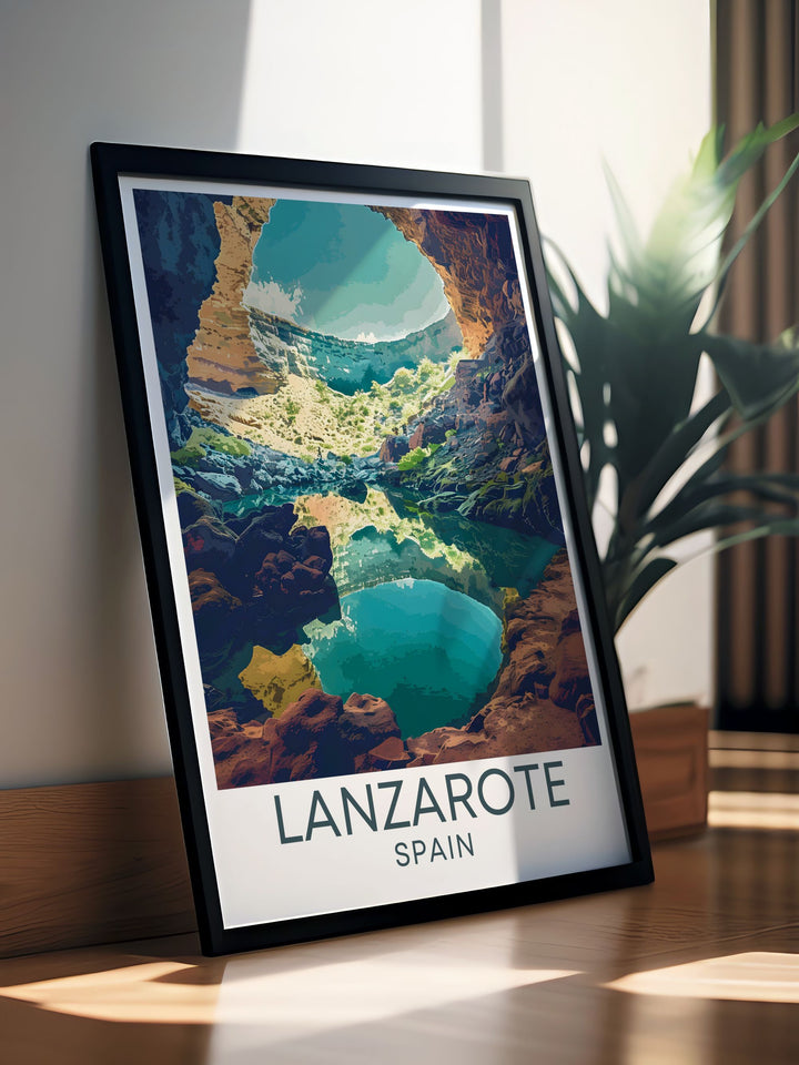 Showcasing the enchanting beauty of Jameos del Agua, this poster features the underground lake and volcanic caverns, bringing the serene and otherworldly charm of Lanzarotes hidden gem into your living space, ideal for lovers of unique travel art.