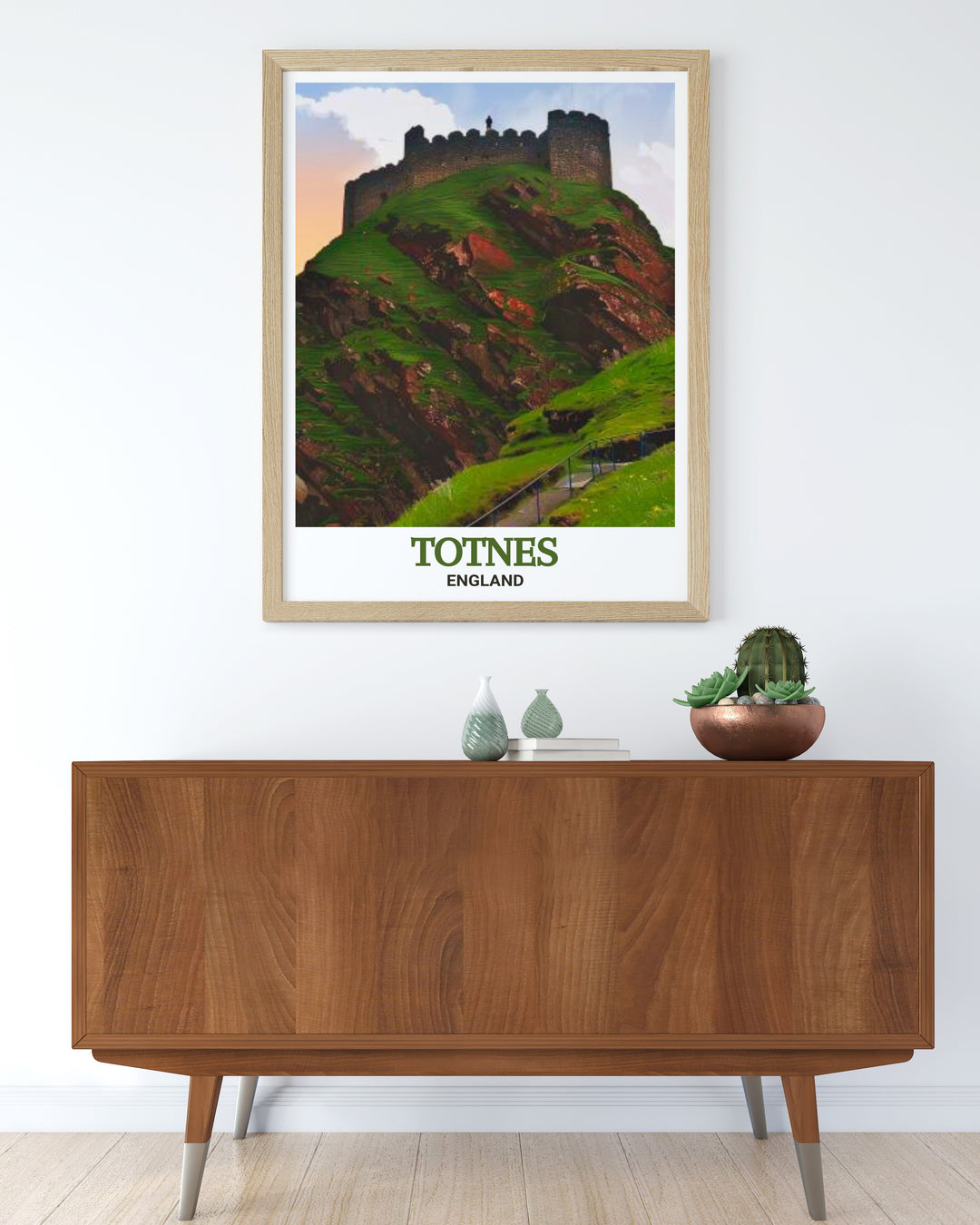 Art print of Totnes Castle, highlighting the rich history and scenic landscape of this iconic landmark in Devon, England. The vibrant colors and intricate details make this print a stunning addition to any room, ideal for history and architecture enthusiasts.