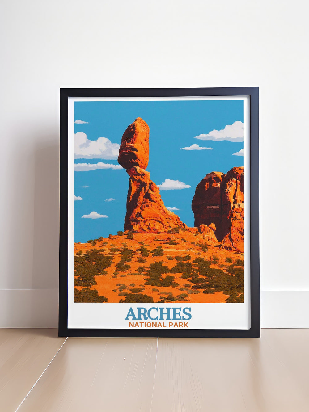 Stunning Balanced Rock wall art featuring the majestic rock formation in Arches National Park vibrant colors and high quality printing make it a perfect addition to any room for those who love National Park decor and travel posters.