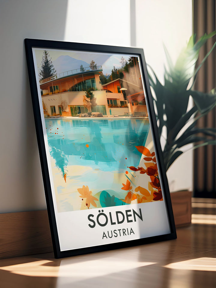 Bring the beauty of Solden into your home with this detailed poster, highlighting the excitement of snowboarding and the serene wellness offerings at Aqua Dome and Tirol Therme Längenfeld.