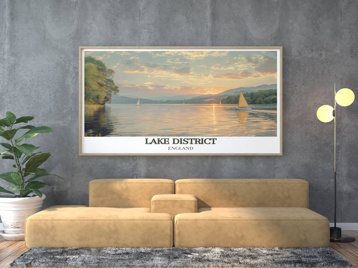 Stunning Lake District poster featuring the picturesque Lake Derwentwater. This detailed artwork highlights the natural beauty and peaceful charm of one of North West Englands most beloved locations, ideal for travel art enthusiasts.
