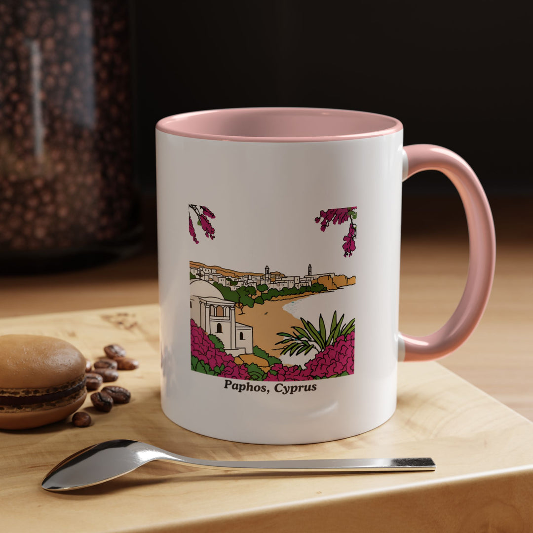 A stunning Paphos Cyprus Mug with vibrant designs capturing the beauty and culture of Paphos. This dishwasher-safe ceramic mug is ideal for coffee enthusiasts and makes a thoughtful gift for travel and art fans.