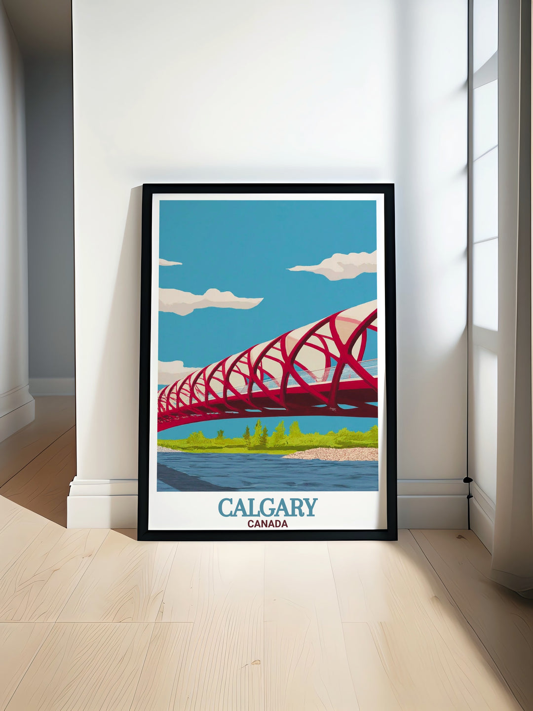 Discover the beauty of The Peace Bridge with this stunning travel poster showcasing Calgarys iconic landmark. Perfect for Canada wall art and decor this vibrant print brings urban elegance into your home or office space.