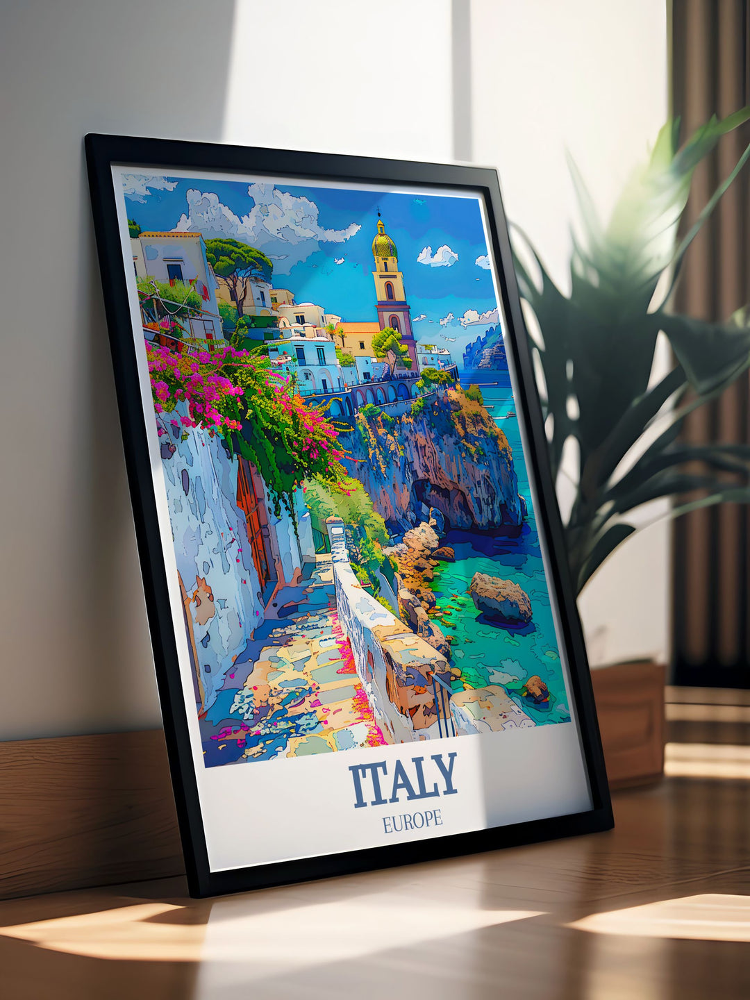 This art print of the Amalfi Coast and Campanile Bell Tower in Rome beautifully captures Italys coastal charm and architectural grandeur, perfect for adding a touch of elegance to your decor.